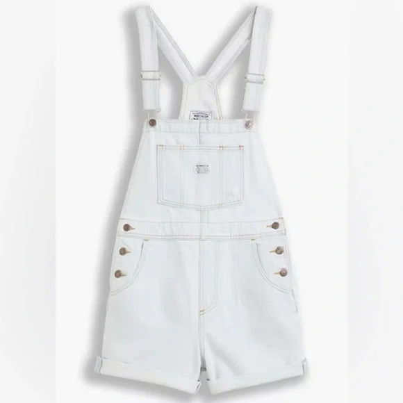 LEVI’S Vintage Style Denim Shortall NWT Stripey Blue Overall Shorts - Picture 8 of 9